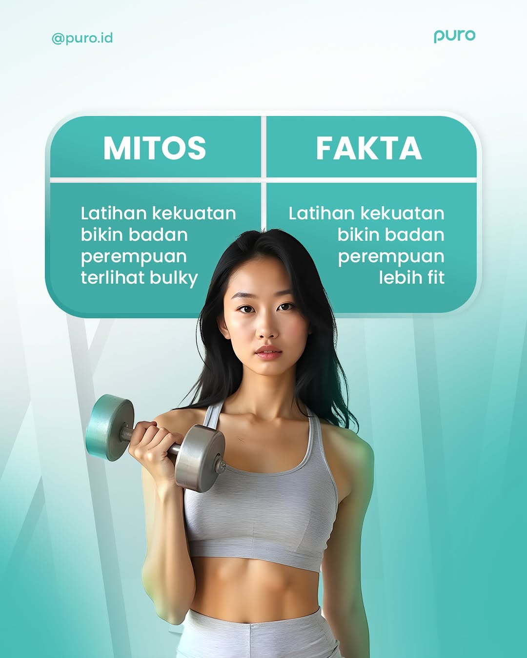 Latihan kekuatan bantu kamu lebih fit, lebih kuat, dan lebih percaya diri. Let’s break the myth! ✨#Puro #StrongerYouStrongerLife #FitnessTips #Wellness #HidupSehat